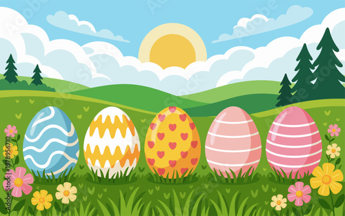 Vibrant Easter Eggs with Hearts, Stripes, and Waves in Spring