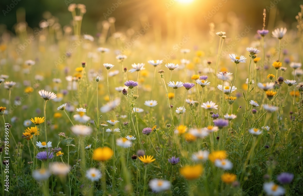 Fototapeta premium Field full of colorful wildflowers, yellow and white daisies, purple asters. Sunlight shines bright on green grass. Nature blooms beautifully on summer morning.