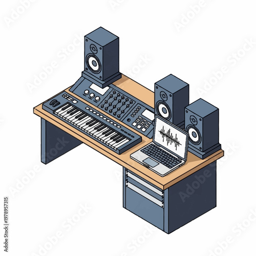 Professional music production studio setup with laptop and speakers.