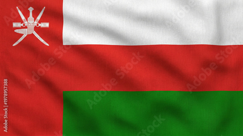 National Flag of Oman Waving with Fabric Texture, Omani Symbol with National Emblem of Crossed Swords and Khanjar