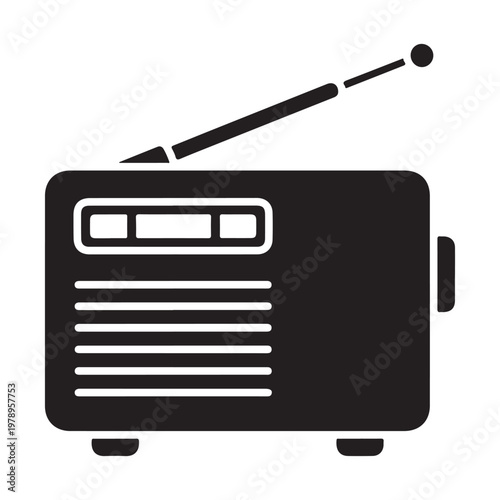 Wireless radio black glyph icon. Portable electronic receiver. Signal transmitting apparatus. Receiving system.