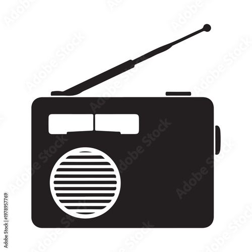 Wireless radio black glyph icon. Portable electronic receiver. Signal transmitting apparatus. Receiving system.