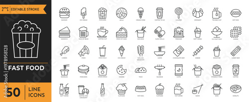 Fast food icon set. Containing hamburger, pizza, hot dog, fries, soda, and more. Editable stroke. Vector illustration.