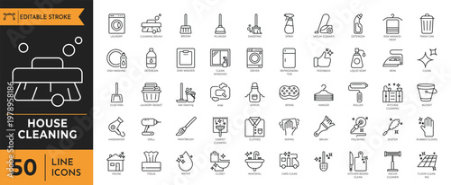 House cleaning outline icon set. Containing cleaning tools, washing, vacuum cleaner, detergent, equipment, household, appliances and more. Editable stroke. Vector illustration.
