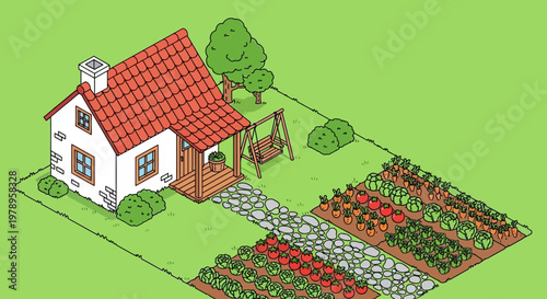 Cartoon illustration of a house with a garden vegetables and a swing