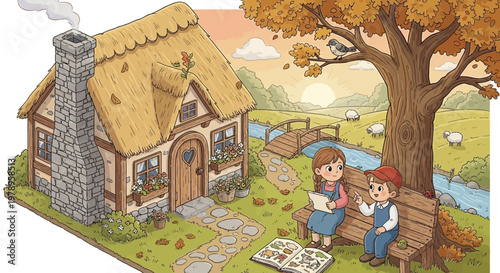 Children discussing book near cottage under tree in autumnal landscape