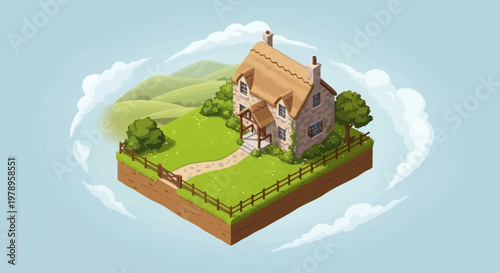 Fantasy cottage illustration set on a grassy sphere with wooden fence and flowers