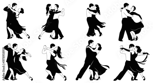 Set of passionate dancing couples silhouettes in various ballroom poses on isolated white background