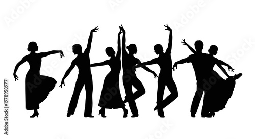 Group of Joyful Silhouetted People Dancing Together, Energetic Performance or Celebration in Bright Studio