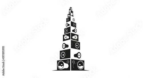 Tall Stack of Various Audio Loudspeakers Silhouettes on Isolated White Background