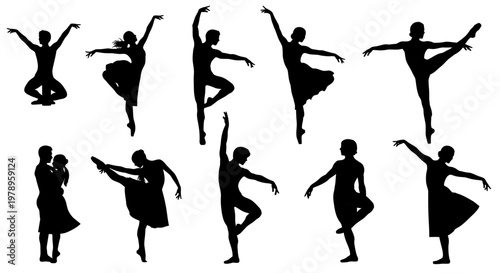 Set of Graceful Female Ballet Dancer Silhouettes in Various Classical Poses on Isolated White Background