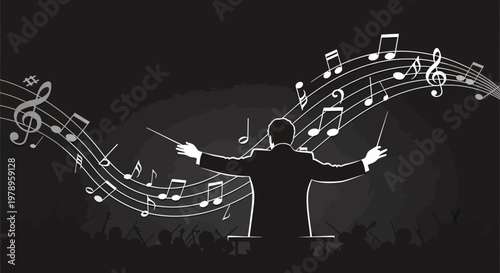 Conductor's Hand Leading with Musical Notes and Staff on Dark Chalkboard Background