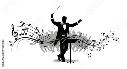 Energetic Orchestra Conductor Leading a Performance with Flowing Music Notes and Audience Silhouettes in Bright Studio