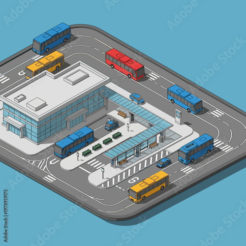 Isometric illustration of a modern bus station with various colorful buses.