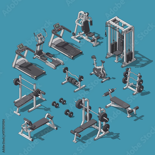 Collection of various gym equipment and machines.