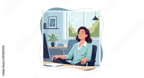 Illustration of a woman practicing workplace mental health in a business setting, seated at her office desk with eyes closed in peaceful meditation, in a vector art style promoting employee