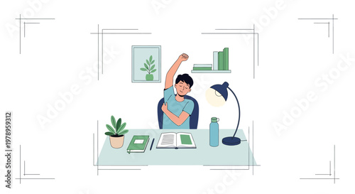 Illustration of a person stretching at their desk, promoting workplace mental health and employee wellbeing, in a brightly lit room with a minimalist aesthetic and a focus on corporate