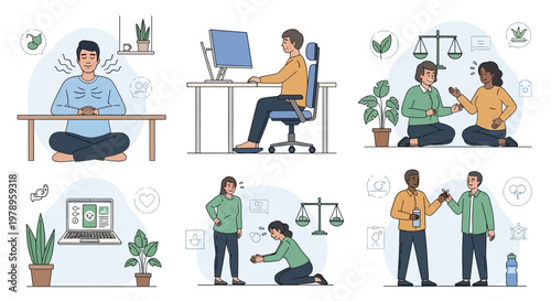Stylized vector illustration showing diverse people in a workplace mental health program, including meditating at a desk and helping a colleague, depicted in a flat design with soothing
