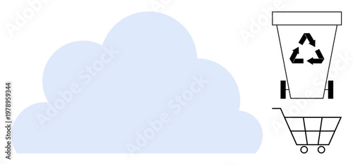 Cloud computing, data storage, recycling, online shopping, sustainability, digital economy. Cloud icon with a recycling bin and shopping cart symbols. Cloud computing and recycling concepts