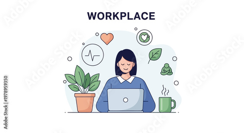 A vector illustration depicts a businesswoman participating in a workplace wellness program, working on her laptop at her desk in a bright office with a plant, cup of coffee, and mental