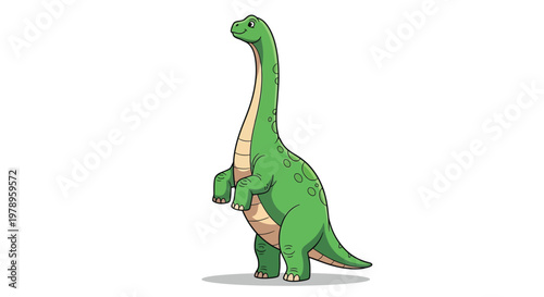 A cartoon illustration of a green Brontosaurus dinosaur standing upright on a white background.