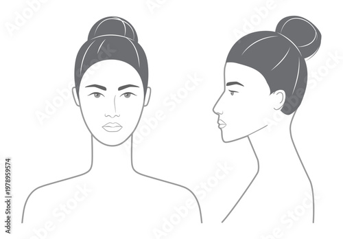 Bun hairstyle black white front profile views, tied hair shape round knot composition for avatar, salon, beauty chart, fashion graphic