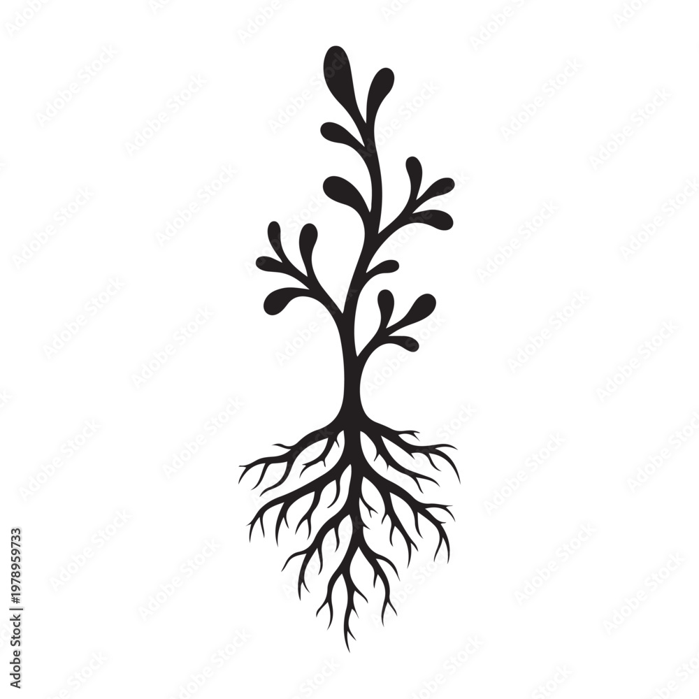 Obraz premium Black and white plant with roots vector illustration for growth and nature concepts design element