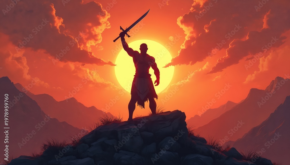 Obraz premium Muscular man holding sword on mountain peak at sunset. Fierce warrior raises weapon in triumph against dramatic fiery sky. Hero celebrates victory after battle.