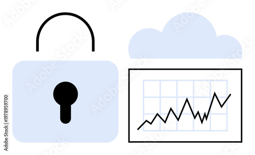Cybersecurity, data protection, cloud storage, information security, data analytics, online privacy. Graphic features a lock, cloud and rising graph. Cybersecurity and data protection symbolic