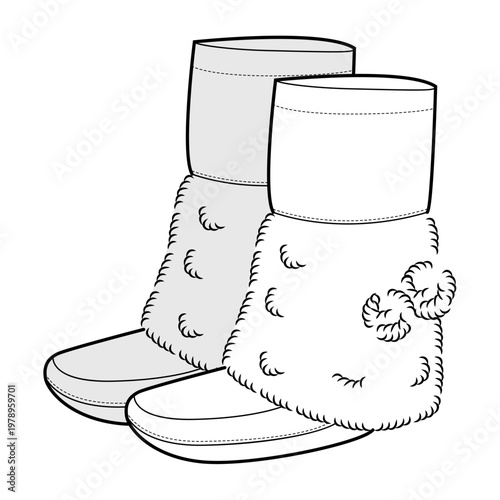 Pom-pom textured ankle boot women sketch pair. Quilted surface with pom-pom trim for winter stroll, wear. Technical fashion illustration CAD mockup detailed vector men unisex isolated elegant style
