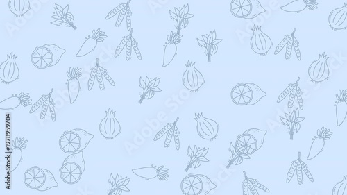 Light blue background with hand-drawn vegetable outlines. Simple line art includes onions, peas, carrots, and lemons. Pattern repeats evenly across the surface