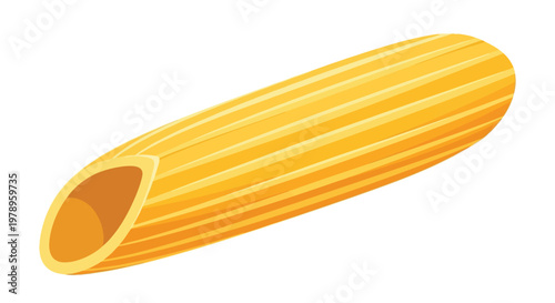 A single piece of penne pasta with ribbed texture and hollow center is isolated on a white background.