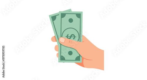 A hand holds two US dollar bills against a white background.