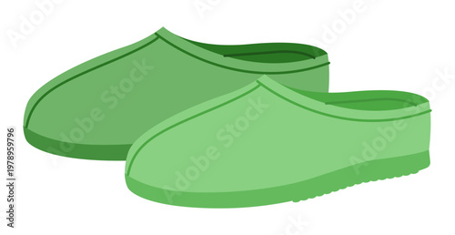 Green house clog sandal shoe women flat pair. Closed toe rubber slipper for garden walk hotel spa. Technical fashion illustration CAD mockup soft vector man unisex isolated contemporary style.