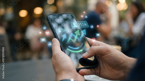 Social media metrics / marketing growth on smartphone, digital analytics and increased follower on mobile screen, viral content engagement and data visualization