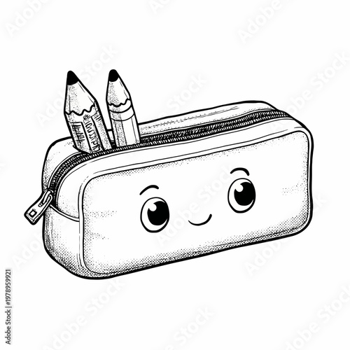 A smiling pencil case illustration, filled with two pencils, stands upright with a cheerful face and big eyes on a plain background.