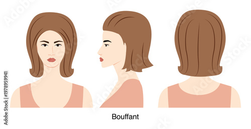 Bouffant hairstyle vector front back profile views, voluminous hair shape lifted composition for beauty salon, hairdresser reference, fashion illustration, hairstyle selection