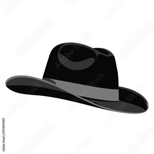 A classic black fedora hat with a grey band is shown on a white background.