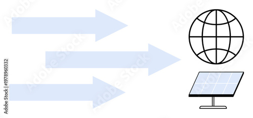 Renewable energy, global networks, sustainability, solar energy, eco technology, clean power. Arrows pointing to a globe and solar panel. Renewable energy and global networks creatively