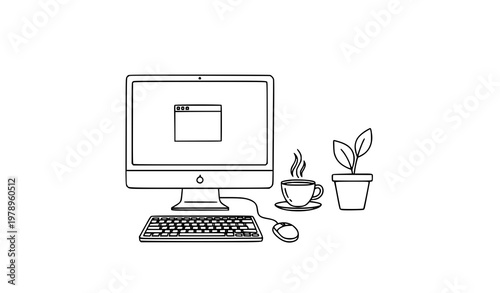 Hand-drawn desktop workspace with computer vector illustration for office and tech design