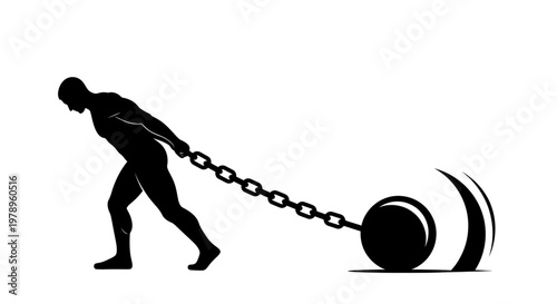 Silhouette of a man pulling a heavy ball and chain, symbolizing burden and struggle