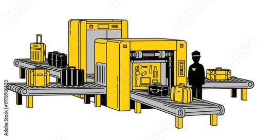 Airport Security Scanner with Luggage and Officer, X-ray Baggage Inspection