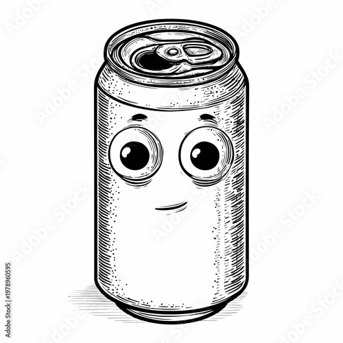 A cartoon illustration of a smiling can-of-beer character with funny eyes and a face