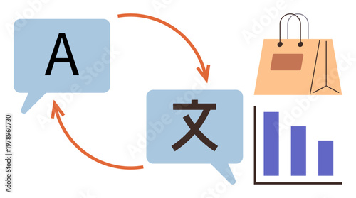 Language translation, globalization, online shopping, analytics, e-commerce, communication. Speech bubbles with text, shopping bag and chart. Language translation and globalization concept
