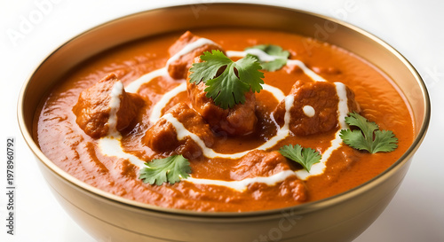 Creamy Butter Chicken or Paneer Makhani Gravy with Fresh Cream Swirls and Coriander Garnish in a Golden Bowl, Popular North Indian Tomato Based Curry.