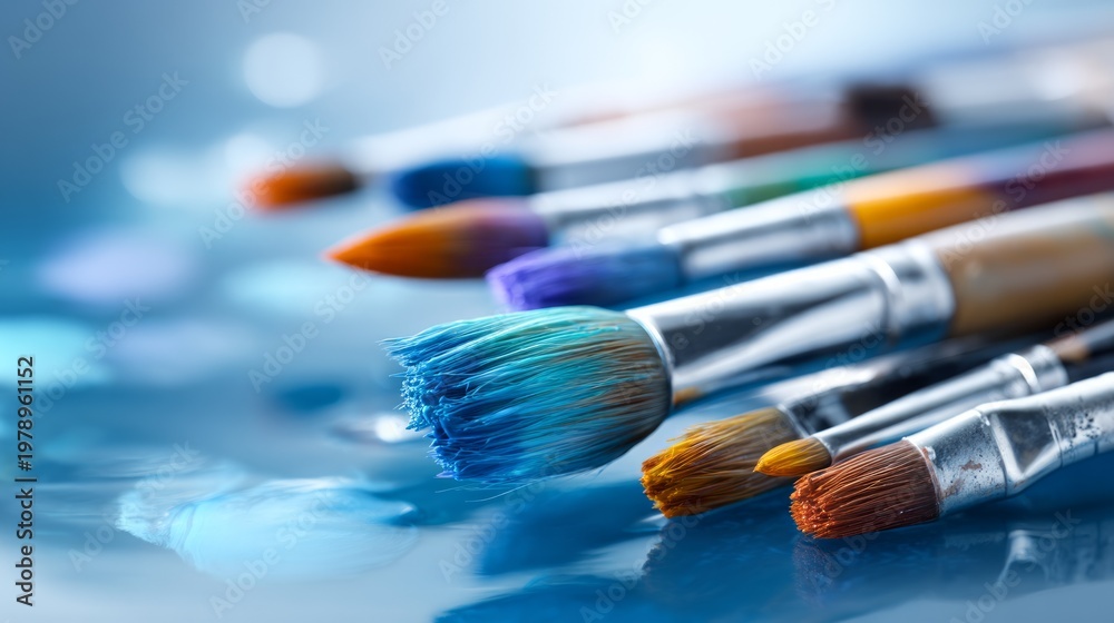 Fototapeta premium Set of Paint Brushes with Colored Tips Resting on a Smooth Surface