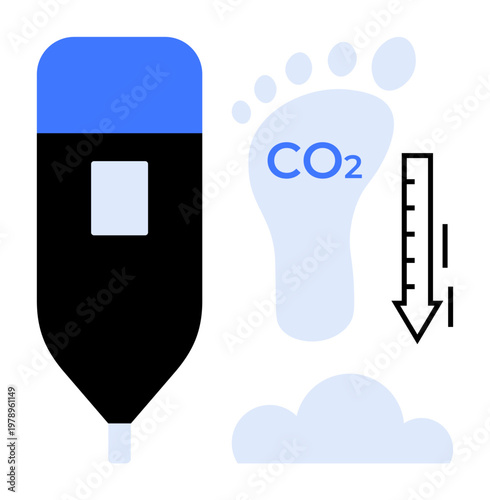 Environmental awareness, climate change, carbon emission, sustainability, eco-friendly solutions, temperature impact. CO2 footprint, thermometer and energy saving sign. Environmental awareness