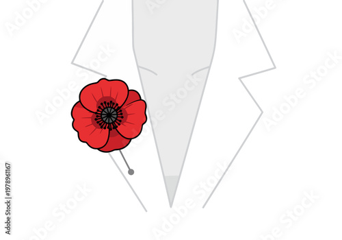 A formal jacket adorned with a vibrant poppy pin. ?Lest We Forget? text adds a poignant touch. Suitable for remembrance themes and historical imagery.