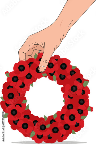 A hand gently holds a poppy wreath, symbolizing remembrance. ?Hand Wreath Remember Brave.? A poignant visual for memorial themes.