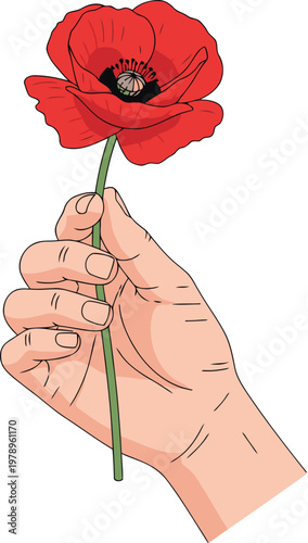 A hand gently holds a vibrant red poppy, symbolizing remembrance. ?Hand a poppy, lest forget.? A simple, impactful illustration with a poignant message.